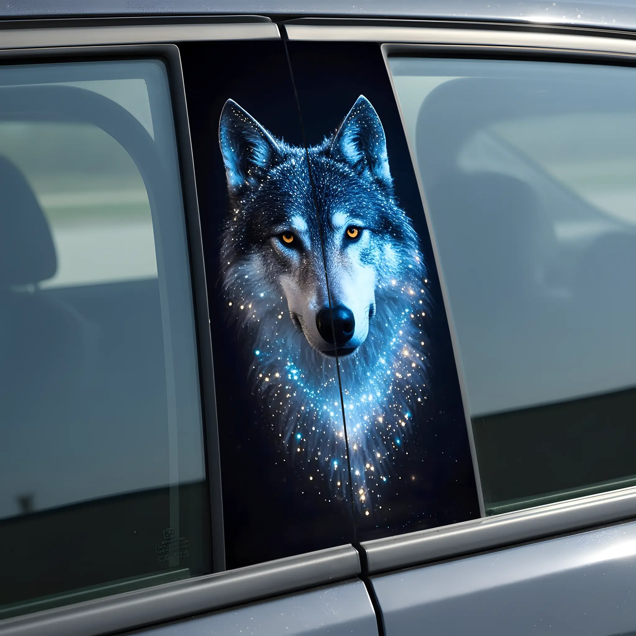 Animal Car B-pillar Sticker Wolf Galaxy Design 50cm x 25cm PVC UV Print Durable Removable Car Decals for B-pillar Protection 2 Pieces