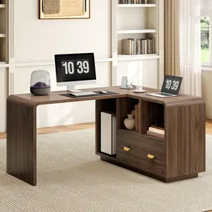 ONBRILL 58" Executive L Shaped Desk, Home Office Desk with File Drawers, Computer Desk with Power Outlets and Storage Shelves, Corner Computer for Home Office