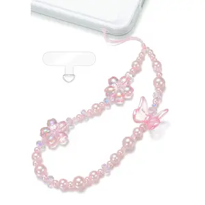 TRBR Pink Flower Phone Charm Wrist Strap, Cherry Blossom and Butterfly Beaded Lanyard Wristlet Chain, Anti-Theft & Hands-Free Bracelet Strap for iPhone & More Cell Phone Cases