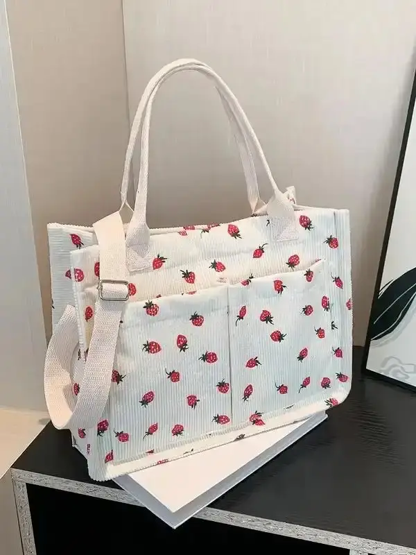 Small fresh strawberry print canvas tote bag for women Large capacity multi-pocket shoulder bag Fashionable and versatile student bag Can hold mobile phones and cosmetics to meet the capacity needs of daily commuting and shopping