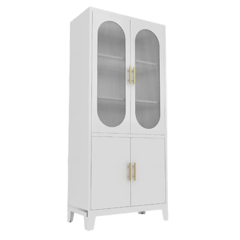 Fluted Glass Doors Cabinet - 2 Fluted Doors, White, Open Front Design, Metal Handles, Modern Style, Elegant and Functional Storage Solution