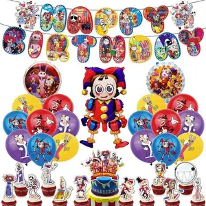 The Amazing Digital Circus Balloons Happy Birthday Banner Party Decoration Cake Topper Background Disposable Tableware Sticker
