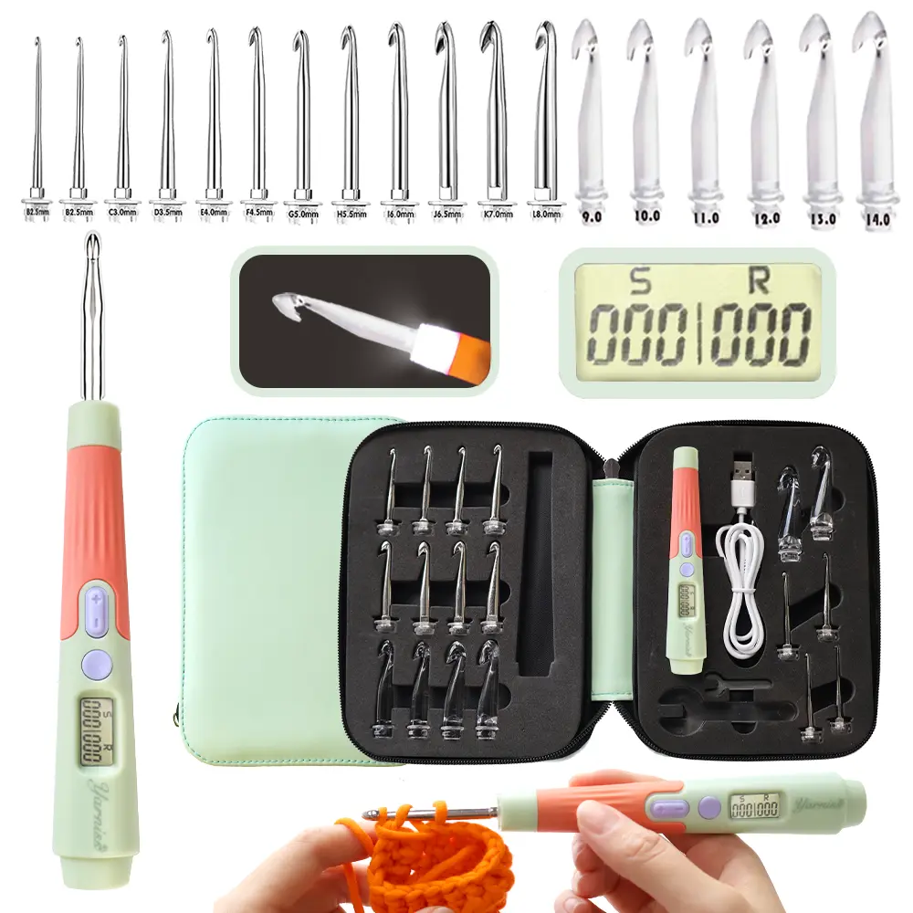 18-Size Lighted Crochet Hooks Set with Stitch & Row Counter, 2.0mm-14.0mm Adjustable Multifunction Hook Crochet Tools for DIY Projects