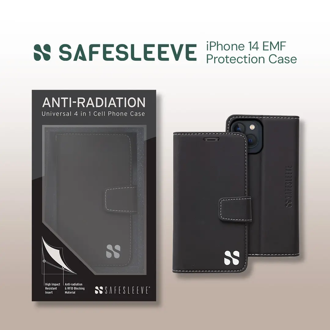 SafeSleeve Wallet Leather Case for iPhone 14 EMF Blocker for Cell Phone with 3 Card Slot, Protective Design, and Built-in Adjustable Stand for Hands-Free Viewing, Suitable for Men and Women