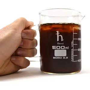Hand Crafted Beaker Mug, Thick Borosilicate 3.3 Glass, 16.9oz (500mL) Capacity - Large Size - Pint Glass or Coffee Mug Sized