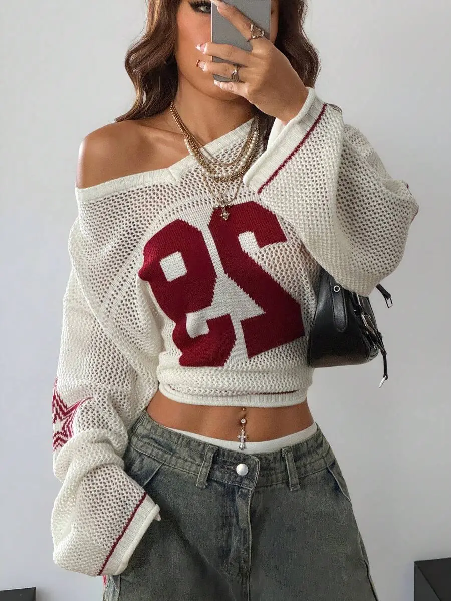 Women's & Men's Couple Same Style Knit Striped & Number Printed Oversized Jersey Cover Up Sweater,New Year Eve /Valentine's Day