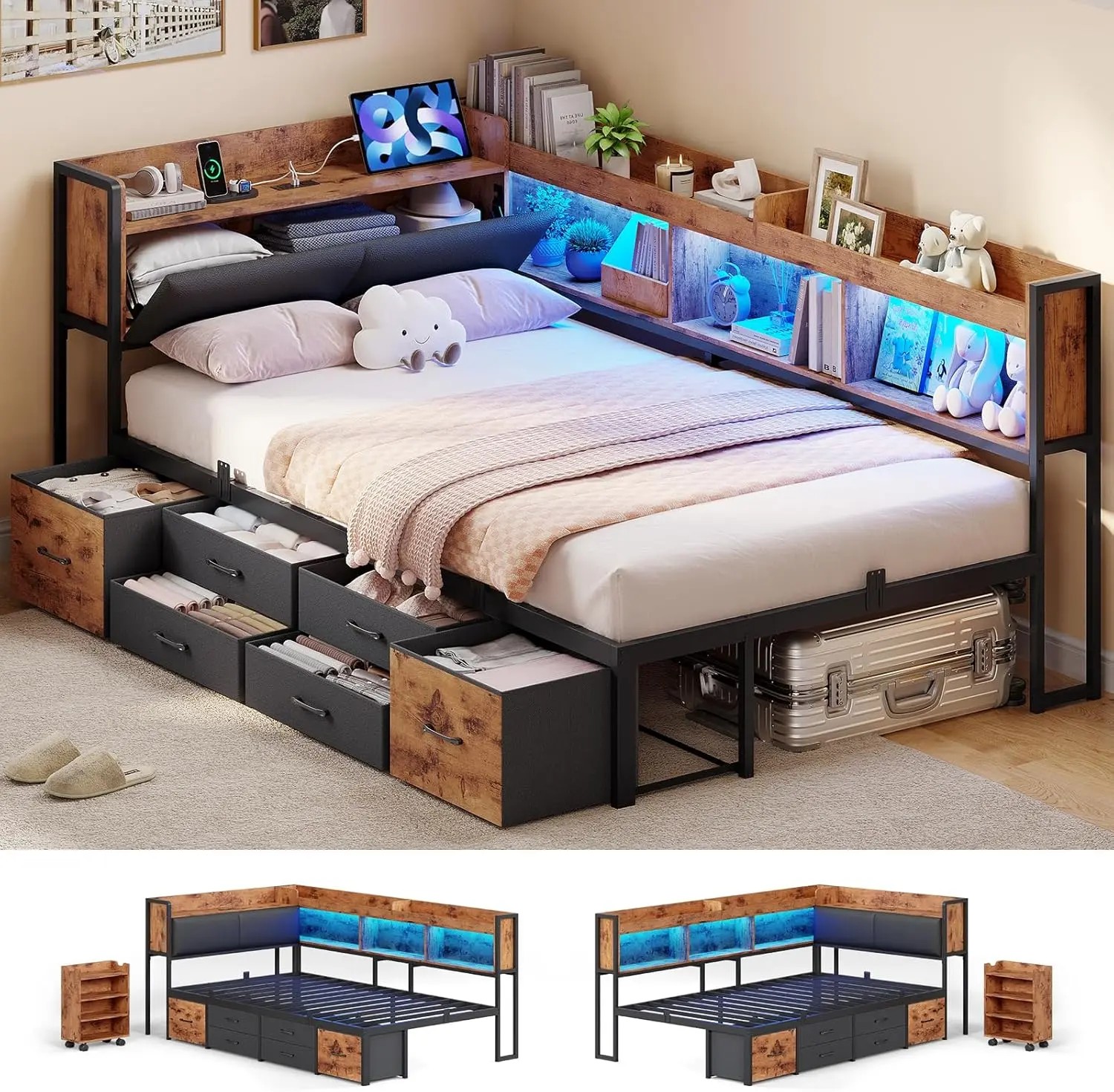 AOGLLATI Twin Corner Bed Frame - 14-Inch Stable Metal Platform Bedroom Furniture with Bookcase, Hidden Underneath Storage, Pull-Out Cabinet, 6 Drawers, USB Port Charging Station, LED Lights for Apartment Use, Bed With Storage Underneath