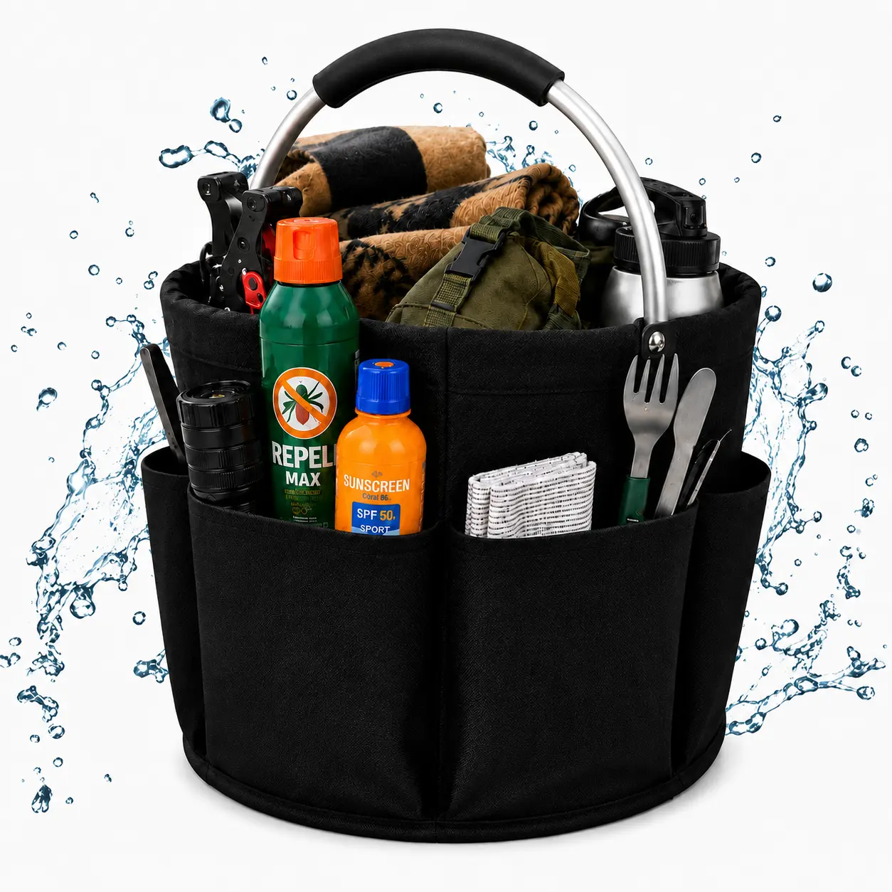 17L Foldable Cleaning Caddy Organizer Bag - 6-Pocket Waterproof 600D Oxford Multi Pocket Storage Tote, Lightweight Organizer with Portable Carry Handle, Portable Travel Gear for Home, Car (Folds to 1.6in Flat), Travel Accessory Bag, Oxford Fabric, Foldabl