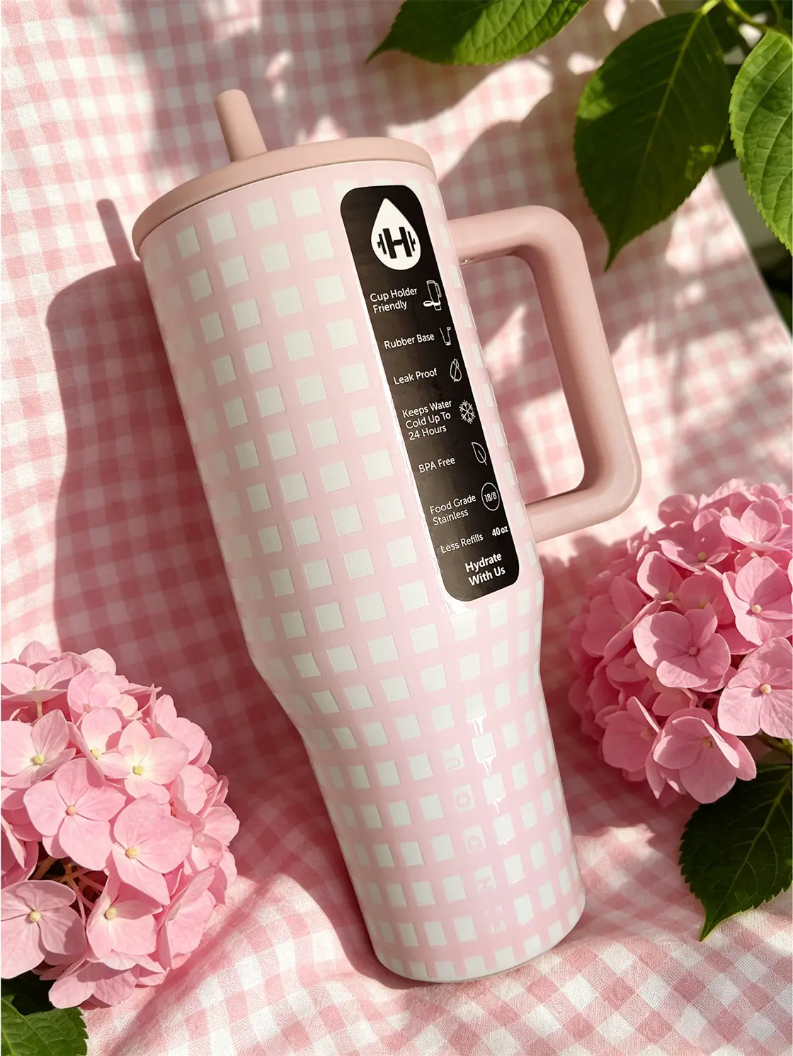 HYDROJUG Traveler 40oz Classic Pink Gingham Vacuum Flask Tumbler - Triple-Wall Insulated Stainless Steel, Flip-Straw Lid, Leak-Proof, Anti-Scalding, Ideal for Birthday & Festival Gifts, Flasks