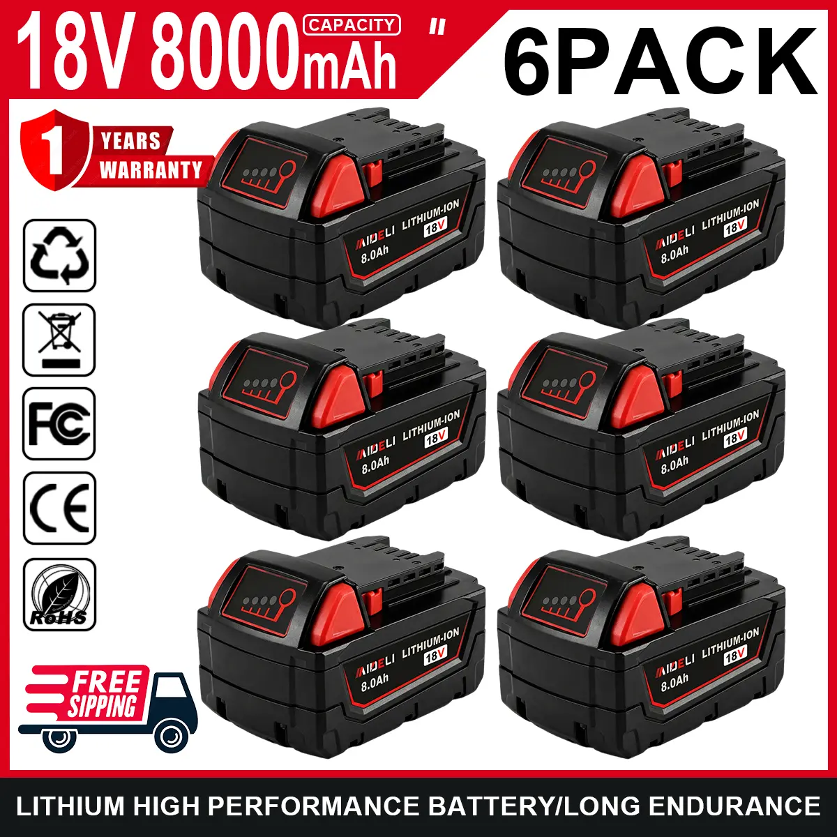 6-Pack M18 8.0mAh 18V Replacement Battery for milwaukee Replacing batteries with electric tools M-18 Battery Pack Compatible with M-18 8000mAh Lithium Battery 48-11-1890,48-11-1850,48-11-1828,48-11-1820,48-11-1815 Cordless Tools milwaukee battery