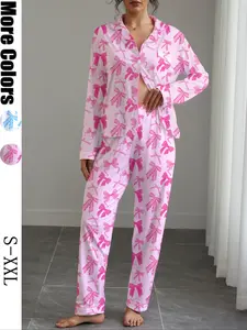 Women's Autumn Winter Pajama Set, Bow Print Sleepwear, Long Sleeve Shirt Collar Top & Elastic Pants, Soft Stretchy Fabric