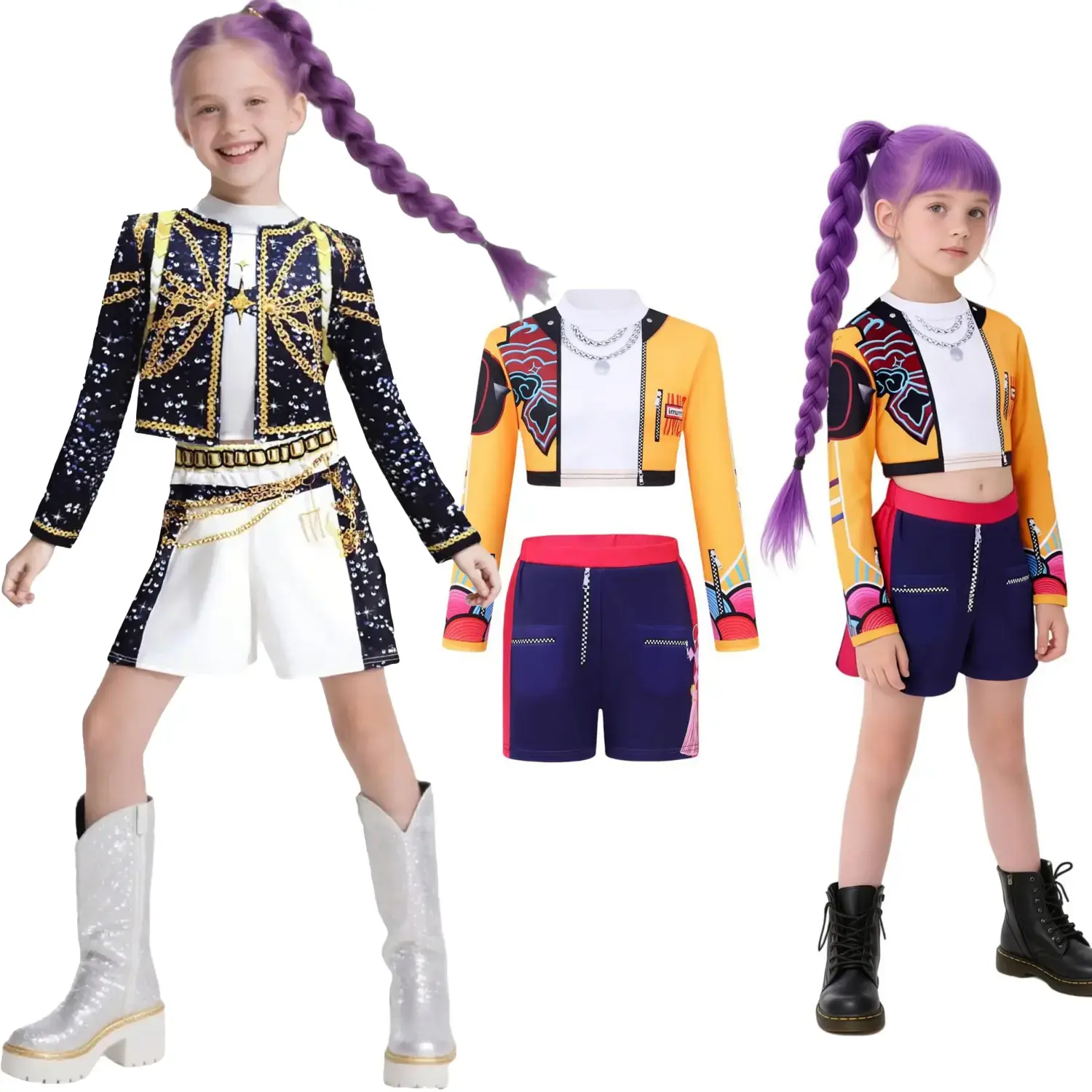 Girls’ 3-Piece Halloween Stage Costume Set, Printed Mesh Crop Top and Matching Bottoms, Dance Party Dress-Up Outfit