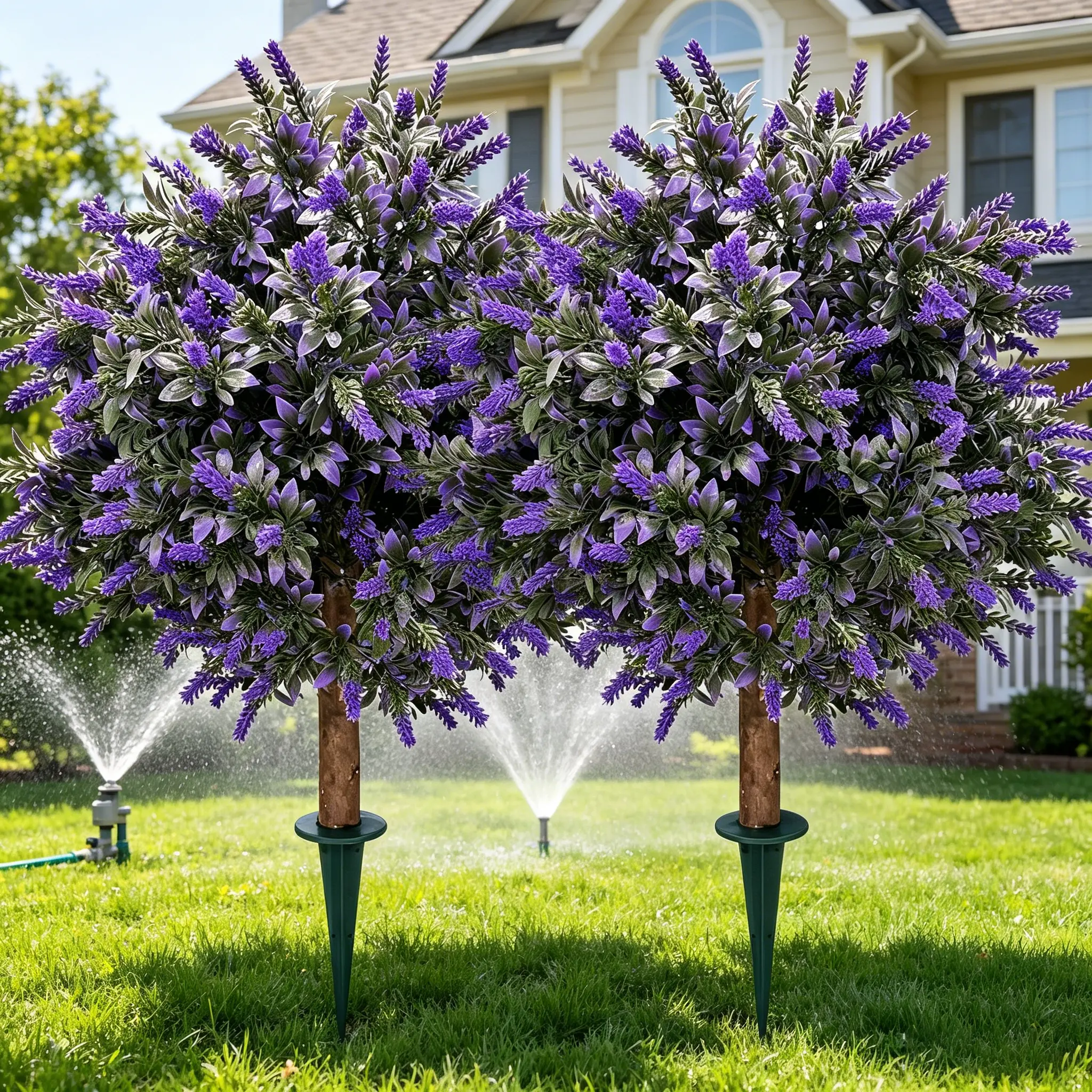 Artificial Boxwood Potted Balls with Lavender, UV-Resistant, 2 Sets of Artificial shrubs with Ground Spikes, Used for Outdoor Fake Evergreen Trees and Artificial Plants Planted on porches.