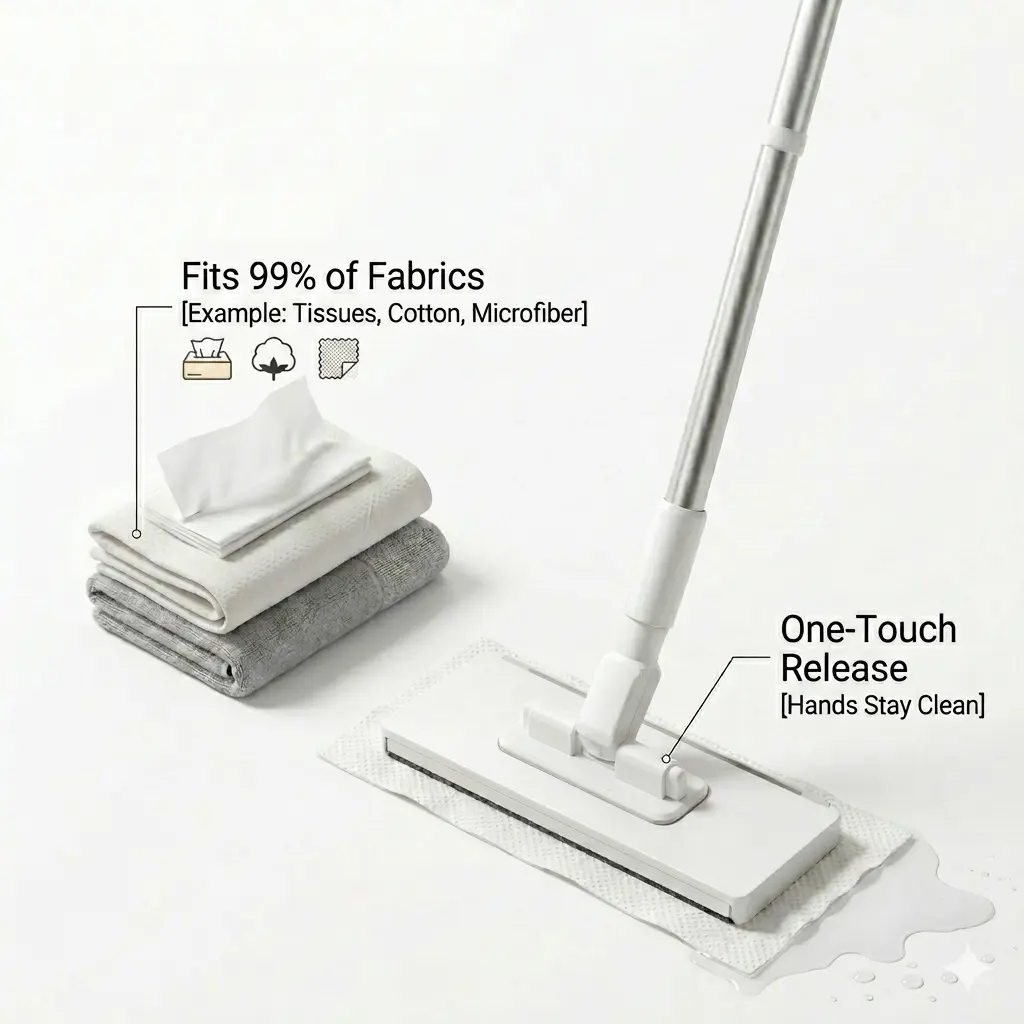 Rotatable Hands-Free All-Purpose Lazy Mop - 1-Touch Clamp for Wipes/Tissues, 1-Button Hygienic No-Touch Disposal, Ideal for Small Gaps, Cabinet/Glass Doors & Ceilings, Effortless Versatile Tool for Spotless Home