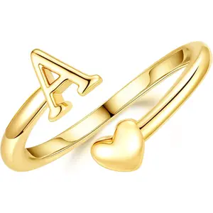 Stocking Stuffers for Teen Girls Women - Gold Rings for Women Girls 14K Gold Plate Initial Rings for Women Non Tarnish Letter A- Z Dainty Heart Ring Adjustable Pinky Ring Personalized Jewelry Gifts