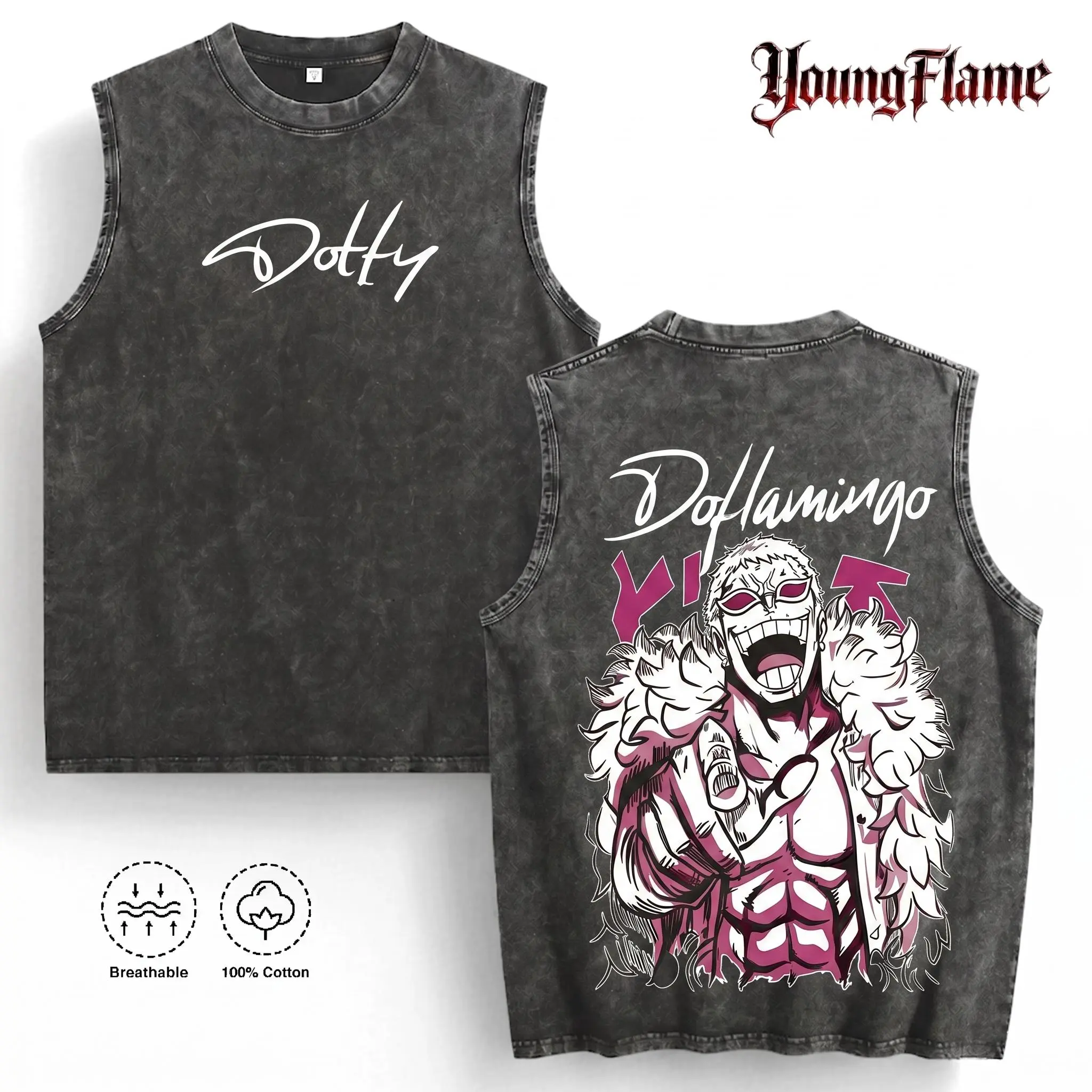 Retro Doflamingo Anime Graphic Tank Top | Heavy Acid Wash Distressed Streetwear | 2026 Summer Urban Villain Aesthetic Sleeveless Tee | One Piece Fan Gear | Premium Washed Cotton everyday shirt outdoorfun short-sleeved t-shirt men t-shirt gift vintage