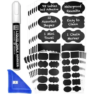 Chalkboard Labels for Jars 98pcs Waterproof Reusable Stickers 12 Shapes 3 Sizes Includes Erasable Marker & Mini Towel for Containers Storage