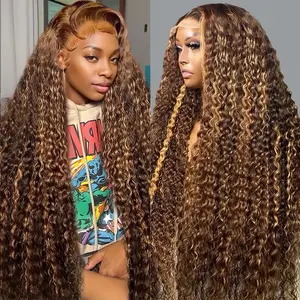 Highlight Lace Front Wigs Human Hair 180% Density Deep Curly Ombre Honey Blonde 4/27 13X6 HD Transparent Lace Front Wig for Women Deep Wave Lace Frontal Wig Human Hair