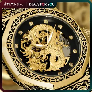 【dealsforyoudays】Luxury Dragon Design Automatic Watch, Gold-Tone Carved Band, Gold Dial with