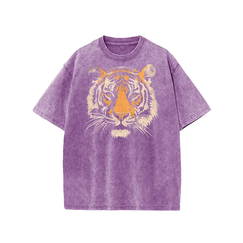 Women's Vintage Tiger Graphic T-Shirt - Holafish Short-Sleeve, Round Neck, Loose-Fit, Acid-Washed, Heavy-Weight Cotton, Casual Everyday Style Streetwear Top