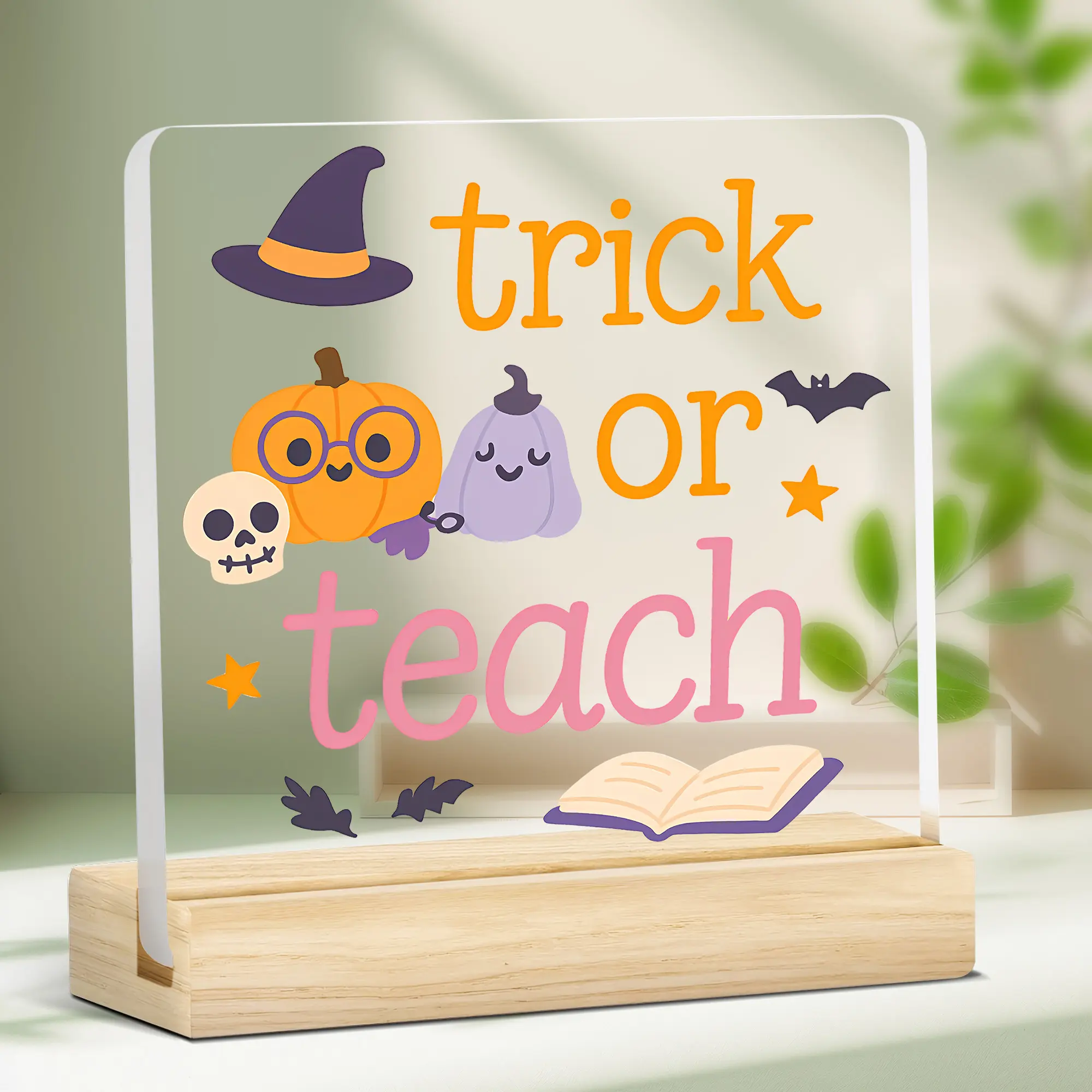1pc Trick or Teach Acrylic Halloween Sign with Pumpkin & Ghost, Cute Teacher Desk Plaque, Acrylic Desktop Sign for Classroom Decor, Trending Spooky Season Display
