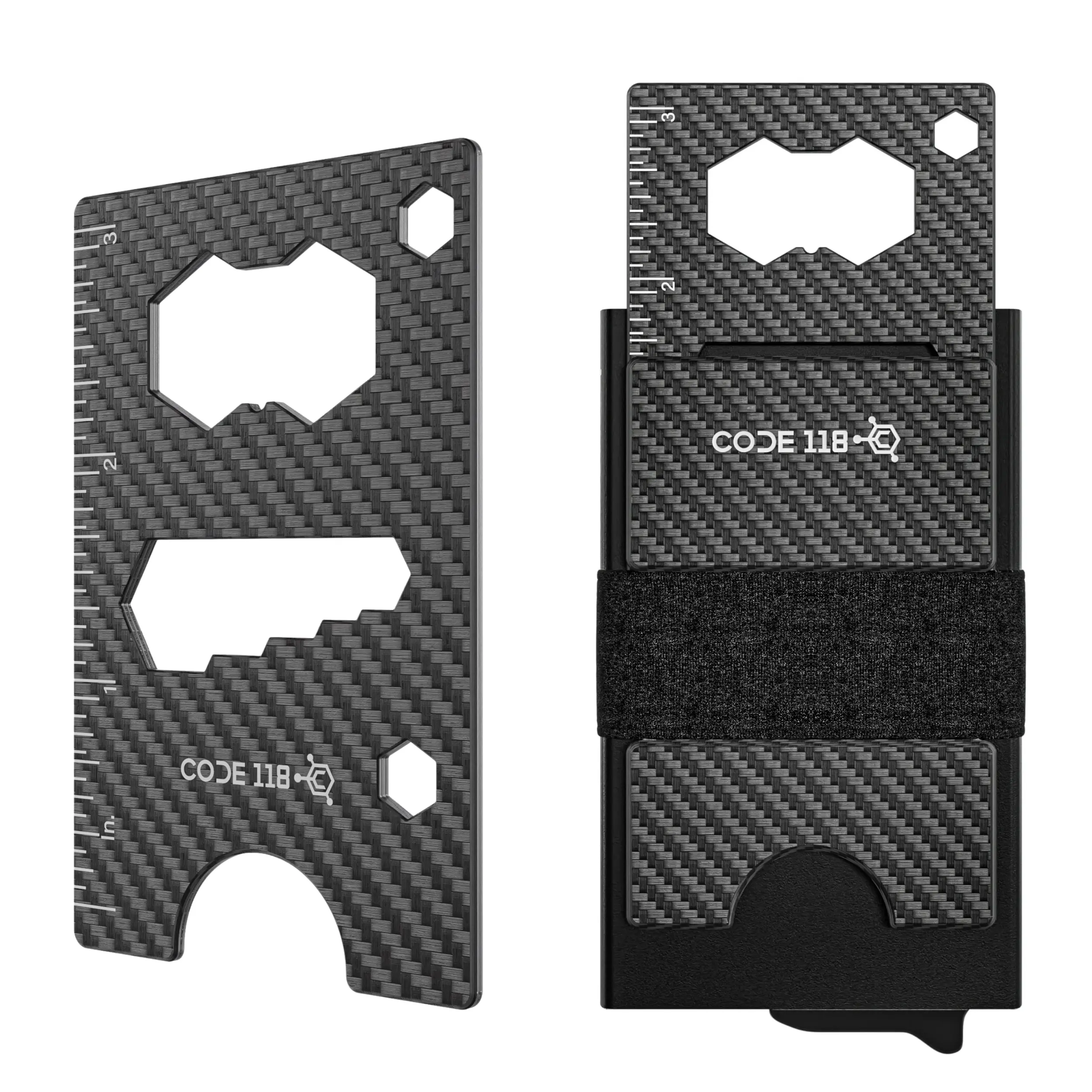 CODE 118 Multi-Tool Card - Slim Carbon Fiber 12-in-1 Card Multi Tool for Wallet - Bottle Opener, Ruler & 9 Wrench Sizes - EDC Pocket Tool (Wallet Not Included)