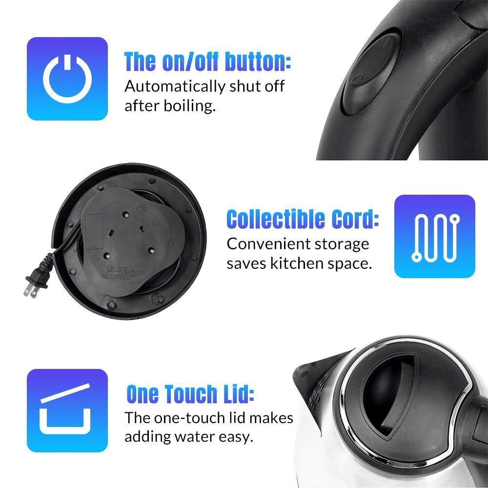 2.0L Electric Kettle – 110V 1000W Fast Boiling, One-Touch Lid, Leak-Proof Spout, Comfort Handle, Perfect for Home, Office & Dorm, Includes Power Cord