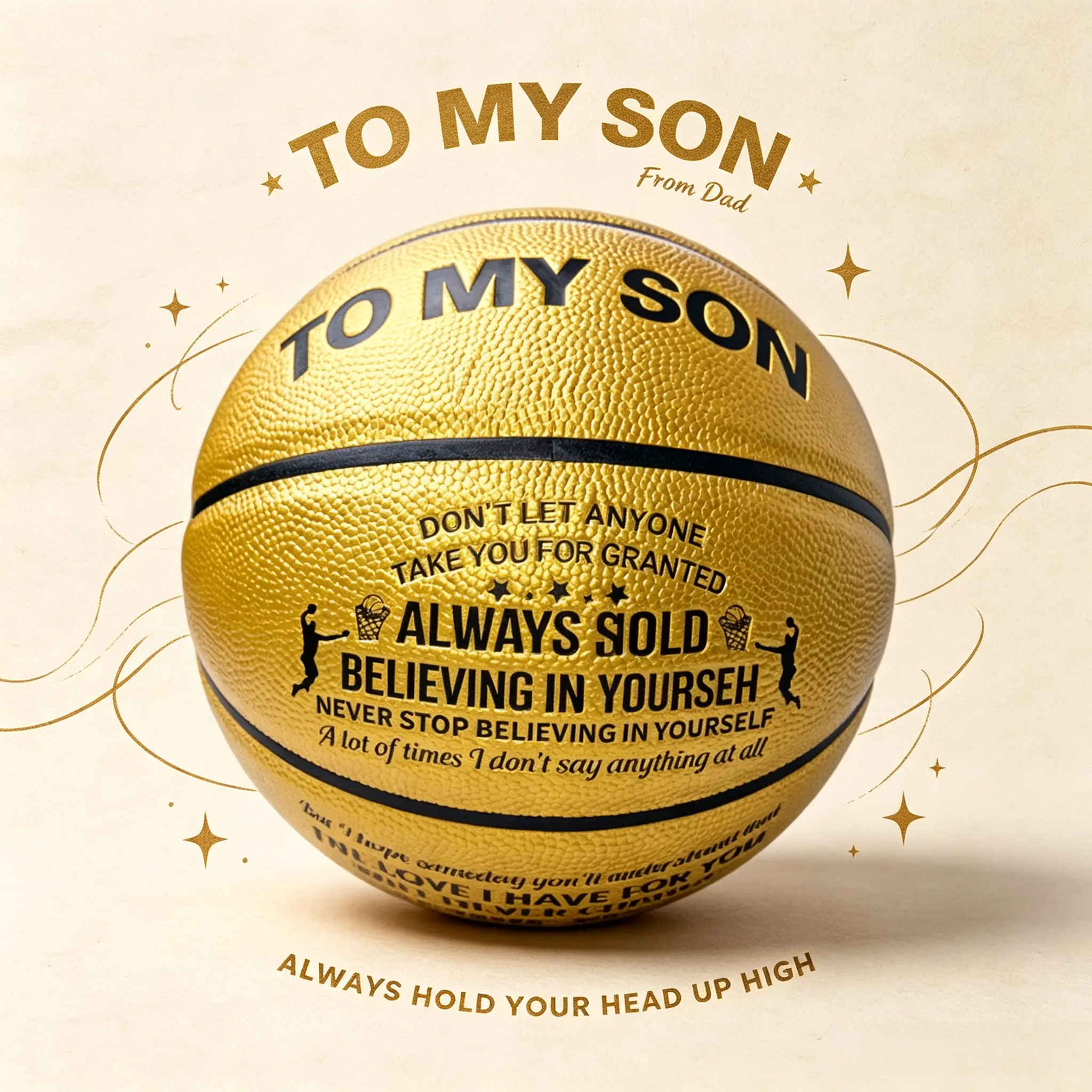 Gold PU Leather Basketball - Ball Sports Equipment, Full Engravings, Grippy Texture, Sentimental "To My Son" Keepsake Gift from Dad for Teenage Boys