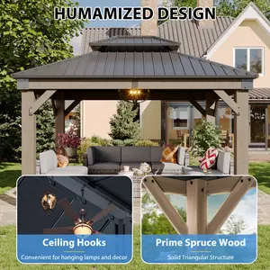 【Ships in 4 Packages】AOXUN 12’×10' Cedar Wood Gazebo with Galvanized Steel Double Roof, Permanent Outdoor Hardtop Gazebo for Patio, Garden & Backyard