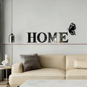 5pcs， Black HOME letter logo butterfly acrylic Reflective mirror wall sticker, anti shatter self-adhesive wall decoration sticker, suitable for home decoration, living room, bathroom, bedroom background wall decoration, Adhesive Stickers
