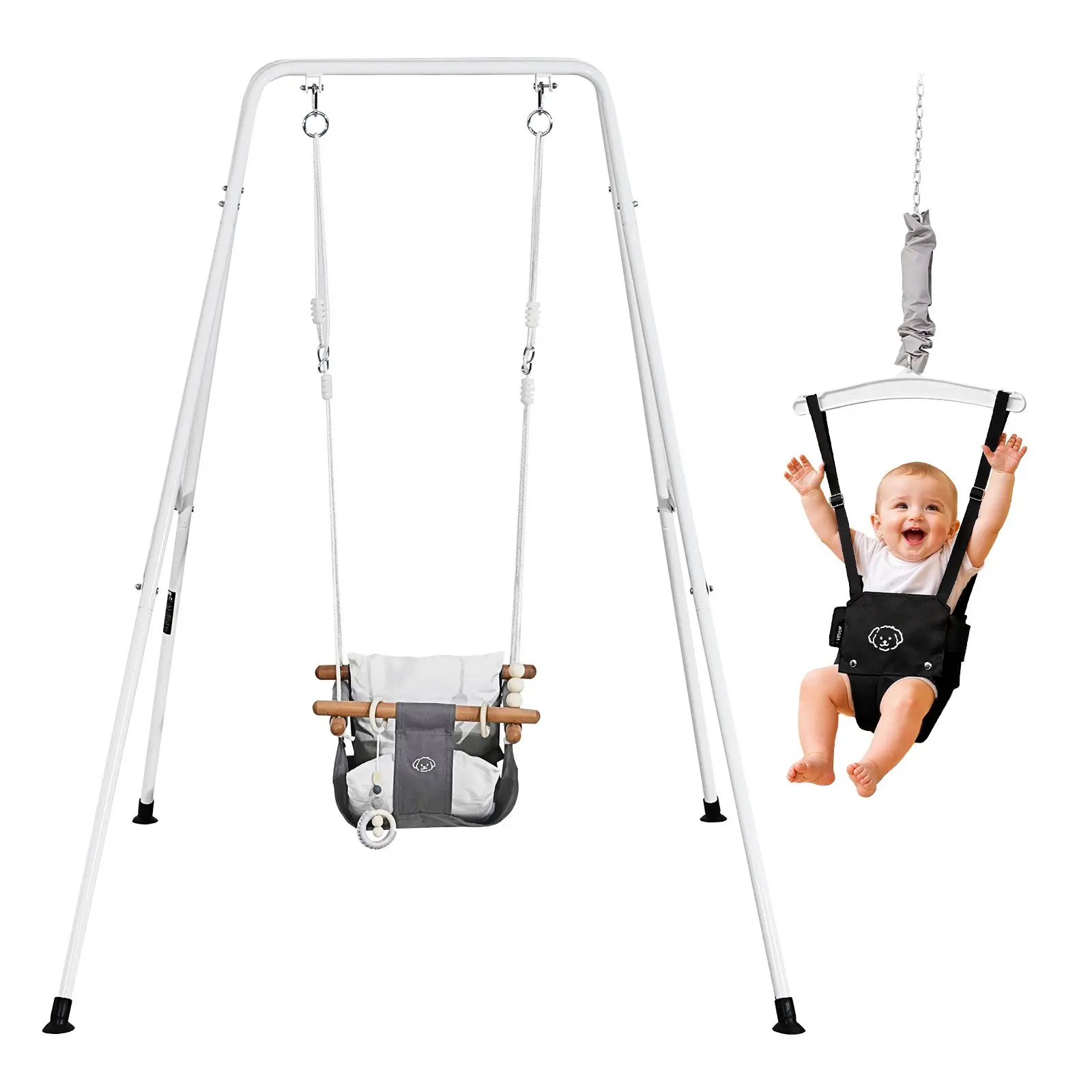 VEVOR 2-in-1 Swing Set and Bouncer, Carbon Steel Foldable A-Frame Stand, Heavy-Duty Thick Ropes, Adjustable Straps, Carabiner Clip, Soft Cushion, Portable Wooden Accessory, Easy Install/Store, for Outdoor Play & Swinging, 200 lbs Capacity, Black, Toddler