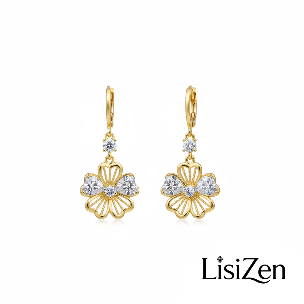 LisiZen Gold Plated Cubic Zirconia Flower Hook Earrings, Floral Dangle Jewelry for Wedding Party DZEH6245/DZEH6246