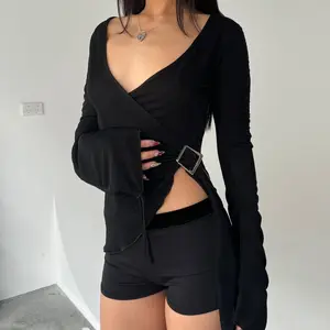 Women's Long Sleeve Cross Wrap Tie Ballet Top - Deep V-neckFit Shirt For, &, Solid Color Stretchy With Adjustable Waist Belt, Spring/fall Casual