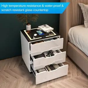 Modern 3-Drawer Nightstand Bedside Table - High Gloss Indoor Furniture, Modern Side Table with Wireless Charging Station, Adjustable LED Lights, USB Charging for Bedroom Use