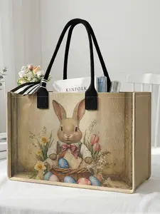 1 piece of Easter rabbit pattern 2D printed large capacity storage bag, extra large storage bag, sturdy handle, space-saving multi-purpose, suitable for use at school, business trips, shopping
