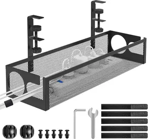 Under Desk  Management Tray No Drill 15.1, Metal Mesh  Management Box with Hybrid Side Slots  Raceway,Adjustable  Tray with Wire Management for Office ,1 Pack (Black)
