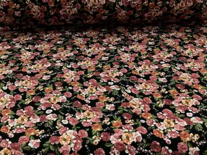 Double Brushed DTY Floral Spandex Stretch Apparel Fabric Black Mauve Orange M213