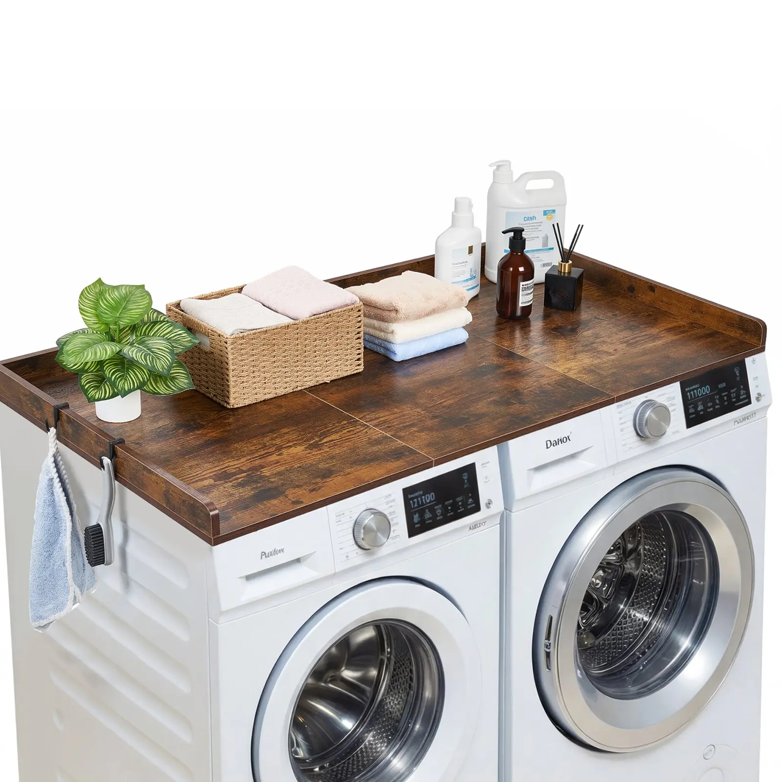 【Summerfinds】VEVOR Wooden Washer Dryer Countertop, 54x27.5 in Water-Resistant Topper with Edge & 2 Hooks, Laundry Room Pantry Closet Organization Storage Solution, Brown