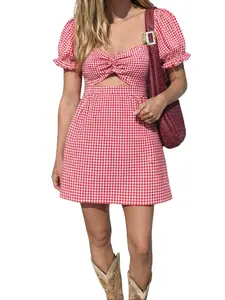 Women's Gingham A-Line Short Mini Dress - Puff Sleeves, Strappy Sweetheart Ruched Hollow Out, Cotton/Poly Casual Wear, for Spring Summer Daily & Vacation, Accessories-Compatible Elegant Dress