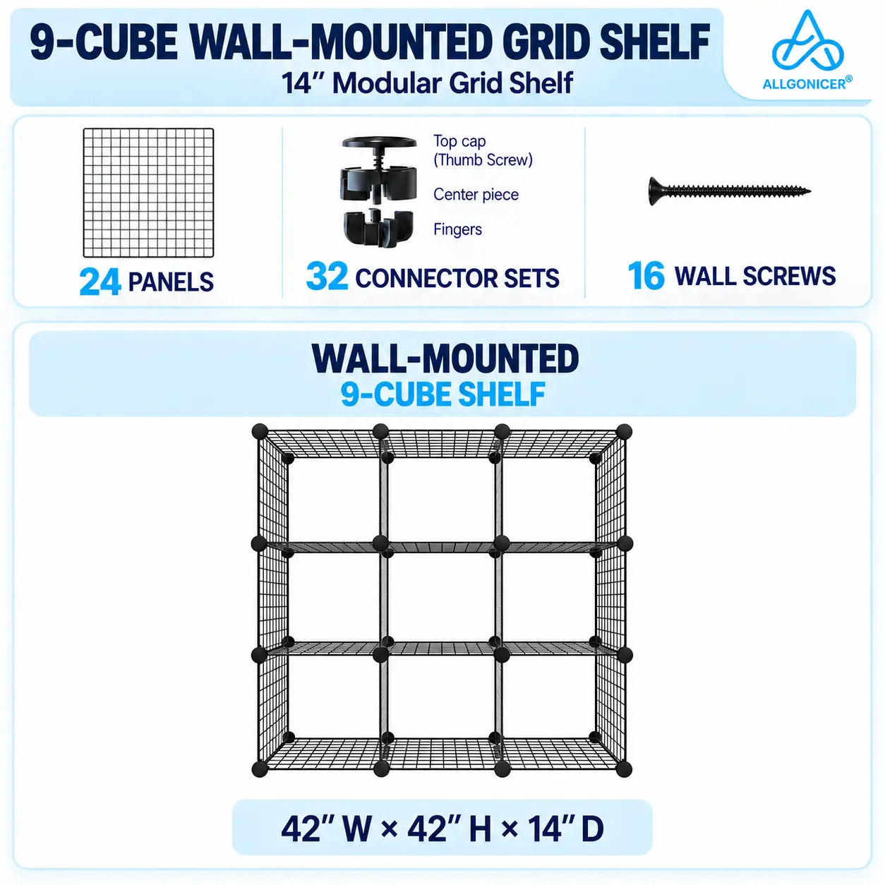Wire Grid Storage Shelves, 14" Interlock Stackable Cubes, 5-gauge Wire, locked corners, Sturdy Heavy Duty, Floor-Stand or Wall-Hang (Black 6 cubes)