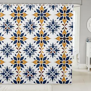 Feelyou Mexican Talavera Tile Boho Floral Shower Curtain Set - Washable Polyester Fabric, Ethnic Bathroom Decor, Bath Tub Accessories, Kids' Household Accessory