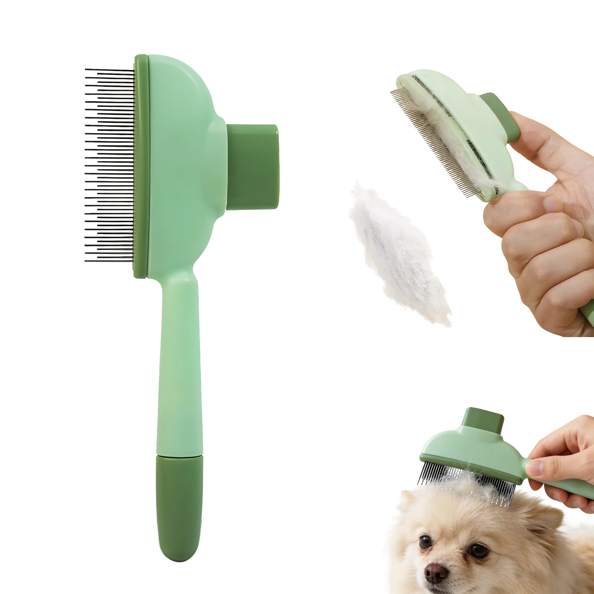 Pet Hair Removal Comb with Release Button - Cat & Dog Grooming Shedding Brush, Deshedding Tool with Long-Short Stainless Steel Teeth, Simple Comb for Easy Grooming & Flea Control