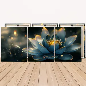 Wooden Framed Canvas Painting, 3 Counts/set Lotus Flower Pattern Wall Art, Modern Artwork for Home Living Room Bedroom Office Decor