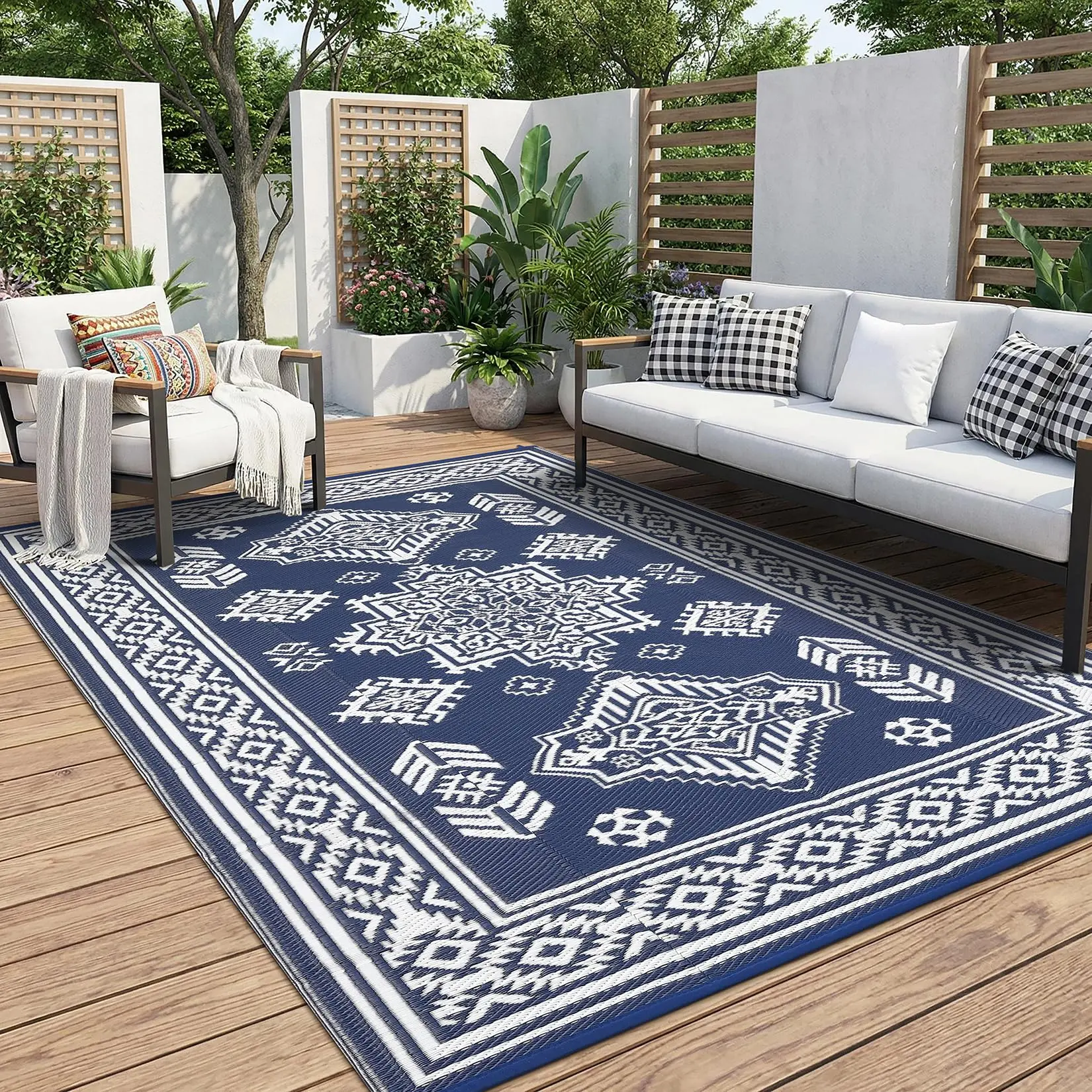 Outdoor Rug 8x10 Feet, Waterproof and UV Resistant Patio Carpet, Heavy Duty All-Weather Reversible Deck Mat for Porch, Backyard, Poolside - Easy to Clean,Navy & White