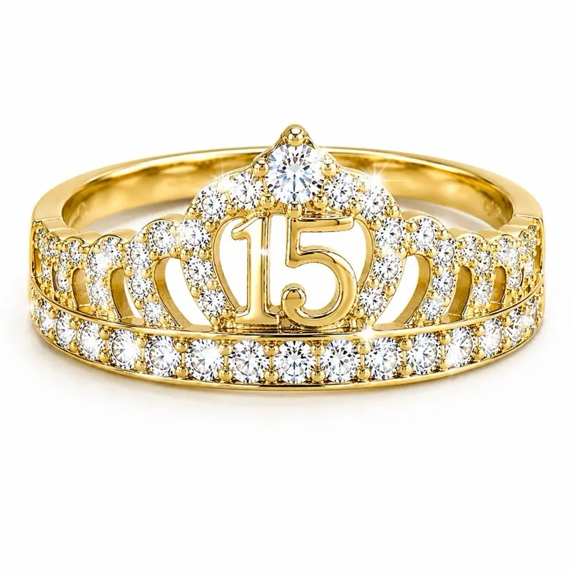 Female Elegant Casual Sweet 15 Princess Ring - Gold-Tone Cubic Zirconia Crown Ring, Style Ring-6006