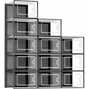 X-Large Shoe Storage Boxes Organizers Clear Plastic Stackable 12 Pack, Shoe Rack & Holder Substitute, Sneaker Containers, Toy Storage Organizer Bins for Entryway, Closet, Under Bed, Black