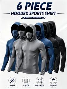 6/3 Pack Men's Sun Protection Long Sleeve Hooded Shirts, 4-Way Stretch Quick Dry Compression Work Shirt with Built-in Face Mask & Neck Gaiter, UV Protection for Fishing Cycling Gardening Outdoor Work Neck Guard Hiking
