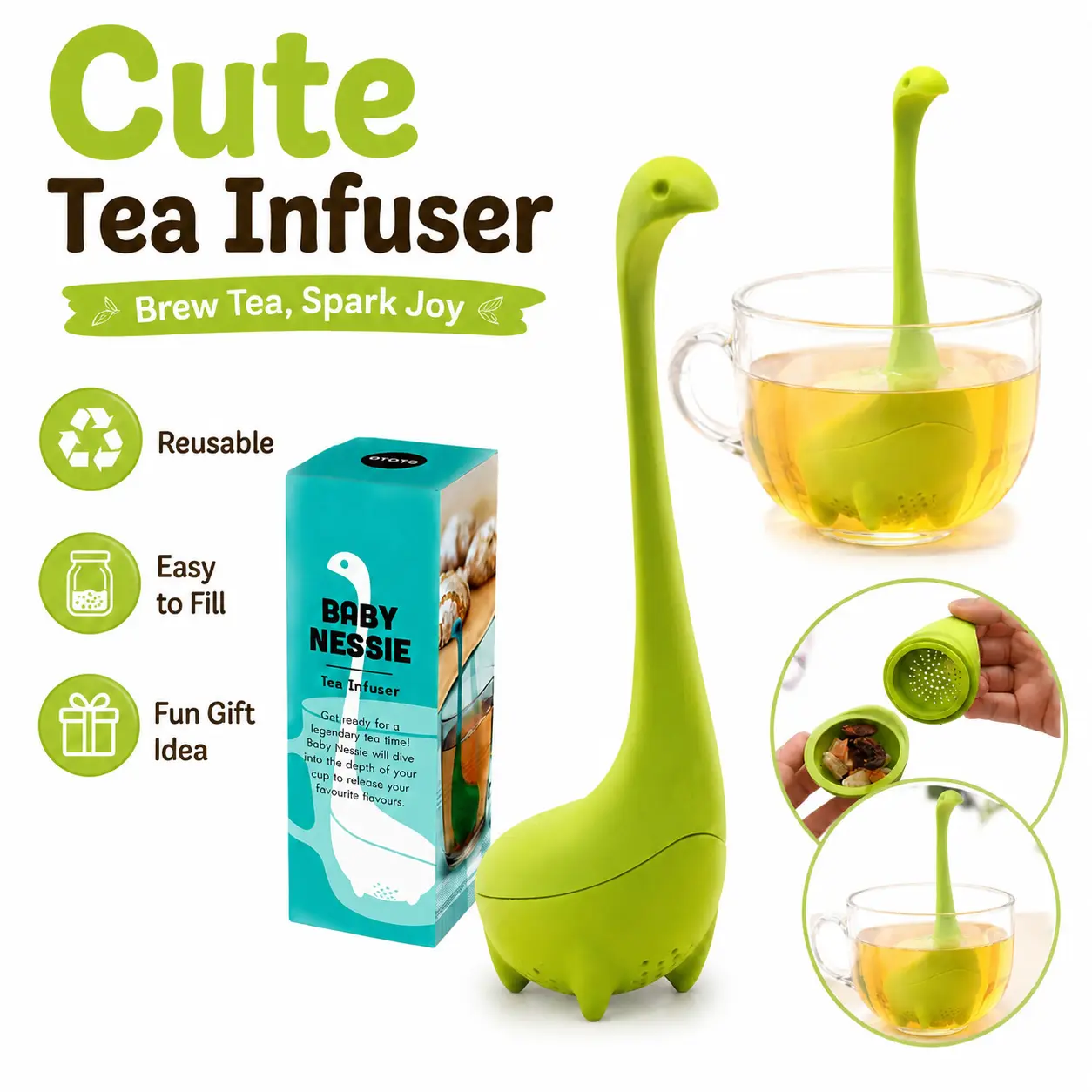 Cute Dinosaur Silicone-Rubber Tea Infuser - Reusable Loose Leaf Strainer for Cups/Mugs, Easy-to-Fill Easy-to-Clean Filter, Fun Gift Idea for Adults, Coworkers, Friends (Home & Party Supplies for Tea Time)