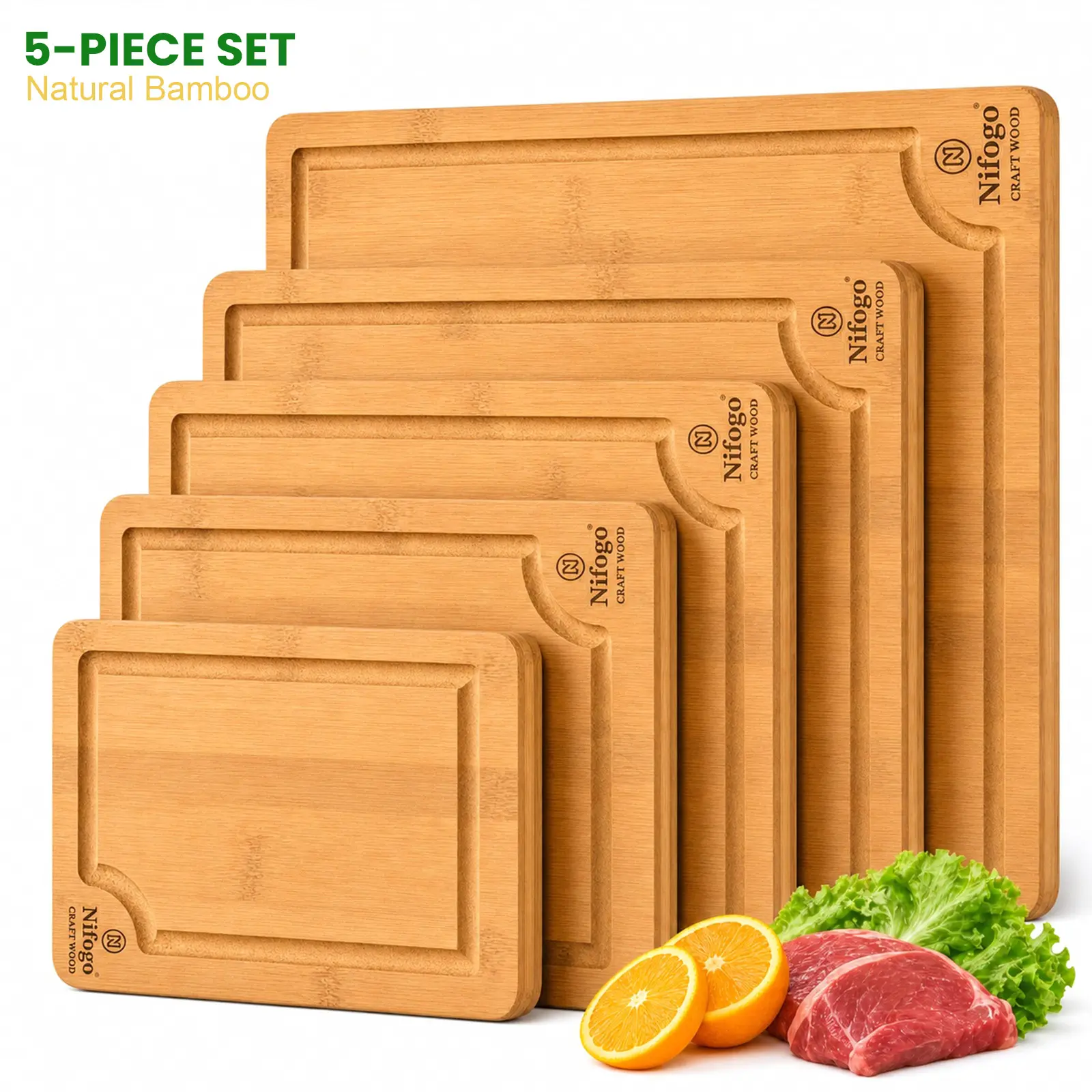 MultiFunctional Bamboo Cutting Boards Set (3-Piece or 5-Piece) with Juice Groove, Kitchen Knives-Friendly Chopping Boards for Vegetables, Meat, Fruit, Bamboo Boards
