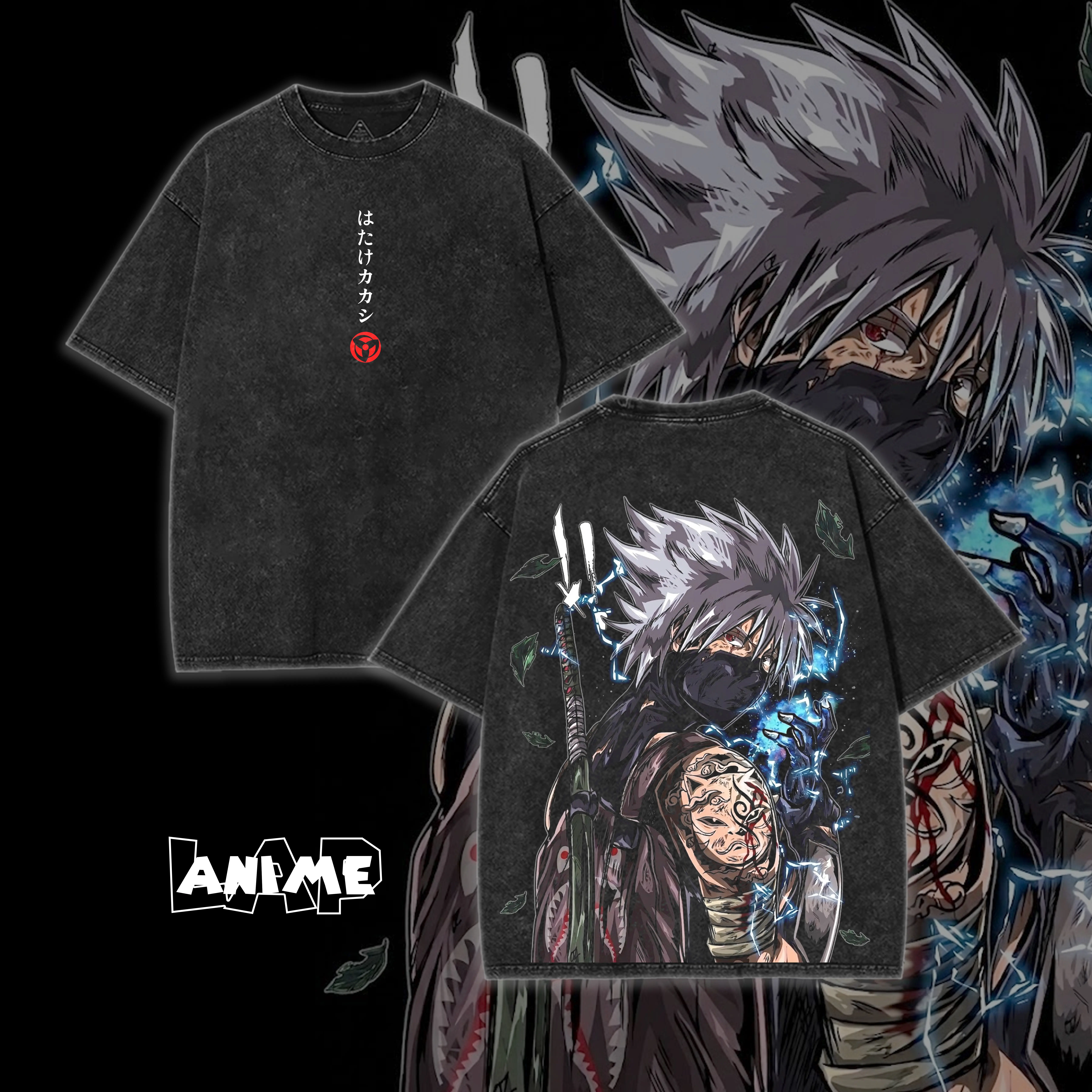 Naruto Kakashi Hatake Chidori Sharingan Vintage Acid Washed Graphic Tee Tanktop Hoodie Sweatshirt Unisex Men Women Y2K Streetwear